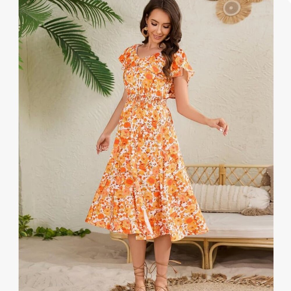 Bridesmay Womens Orange and White Floral Midi Dress with Ruffle